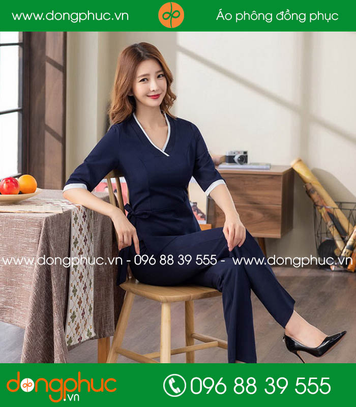 Đồng phục spa màu tím than viền trắng